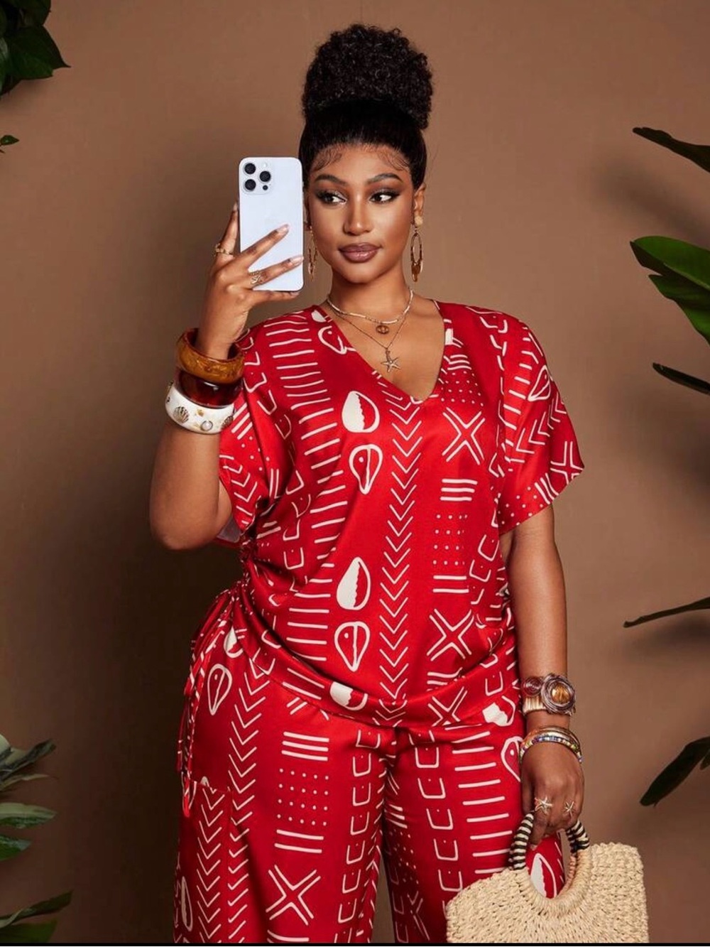Plus-Size Red Printed Wide-Leg Jumpsuit - Picture 3 of 7